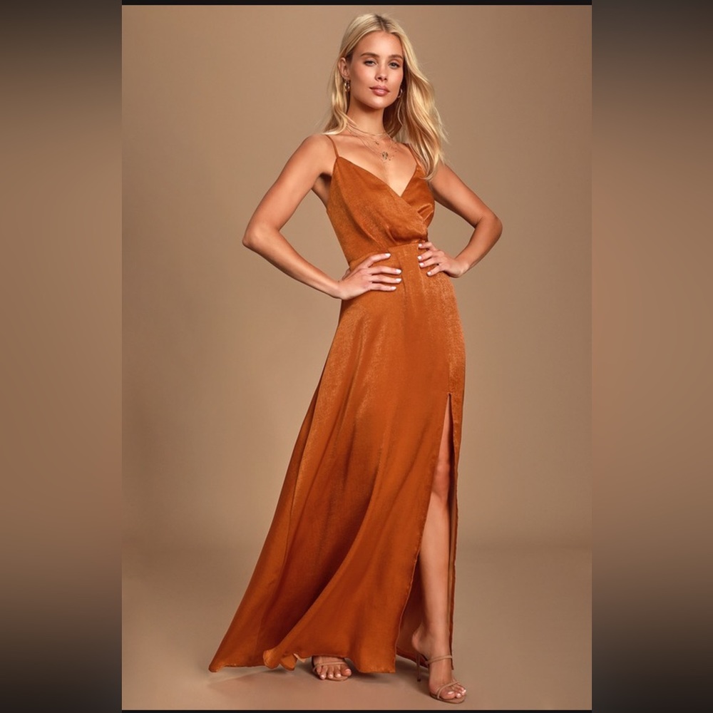 Lulus Constantine Rust Orange Satin Maxi Dress
